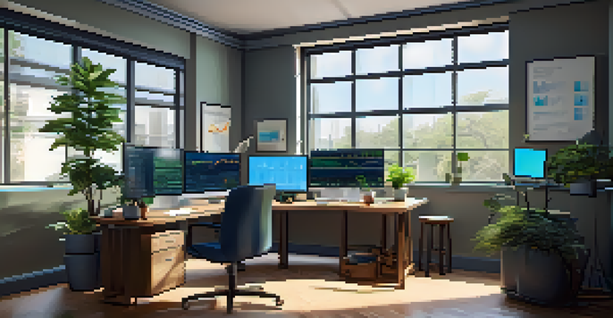 A trading desk with dual monitors showing stock market graphs, a potted plant, and a cup of coffee, all bathed in natural light.