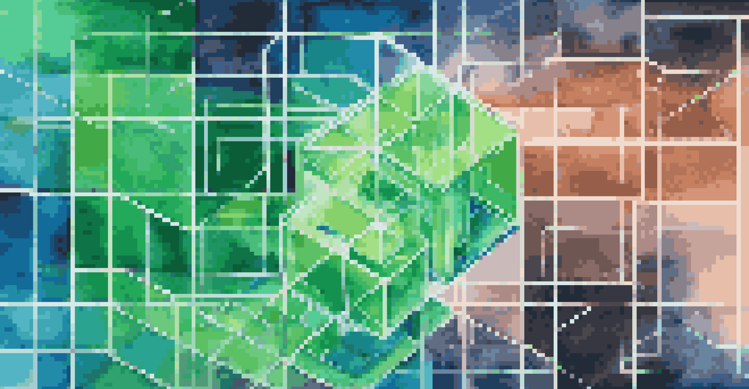 An abstract design of blockchain technology with interlinked blocks and glowing edges, set against a blue and green gradient background.