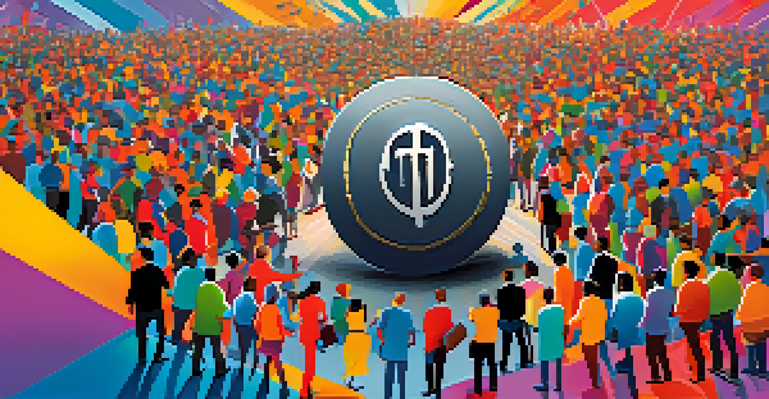 An abstract scene showing a crowd of figures moving towards a large coin symbol, illustrating herd behavior in cryptocurrency.