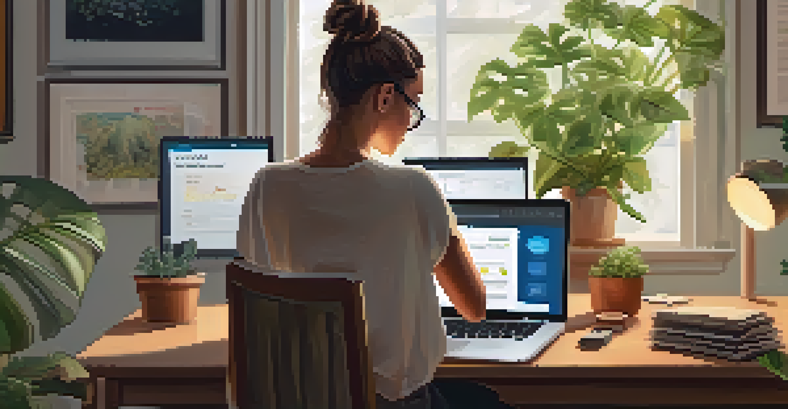 A person focused on their laptop while reviewing a credit report in a cozy home office filled with plants and quotes.
