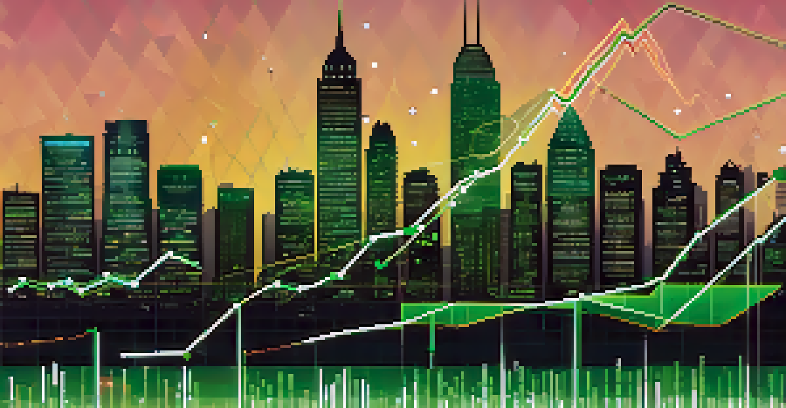 A line graph showing year-over-year revenue growth against a city skyline at dusk, emphasizing upward trends in green.