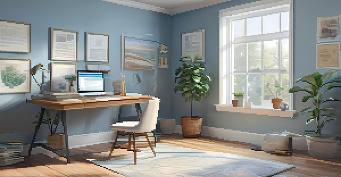 A bright and cozy home office with a desk, laptop, potted plant, and financial documents, illuminated by natural light from a large window.