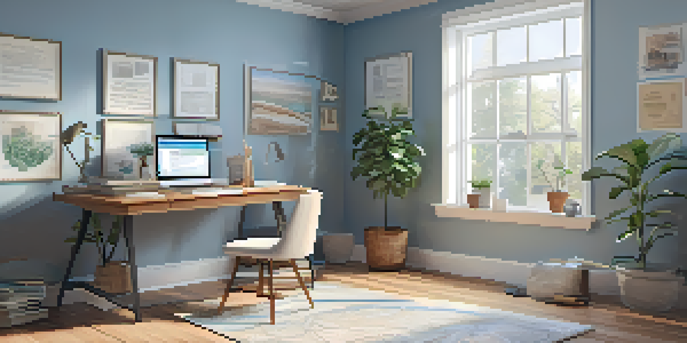 A bright and cozy home office with a desk, laptop, potted plant, and financial documents, illuminated by natural light from a large window.