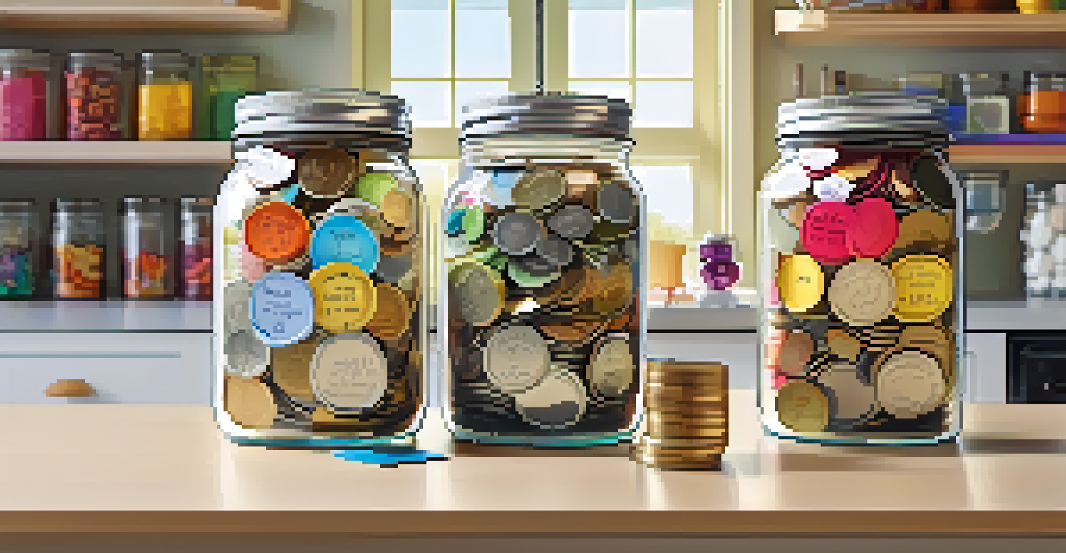 A collection of colorful savings jars labeled for different goals filled with coins and bills.