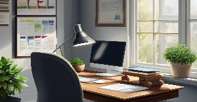 A peaceful office setting with a wooden desk, laptop, financial papers, and a potted plant, illuminated by soft natural light.
