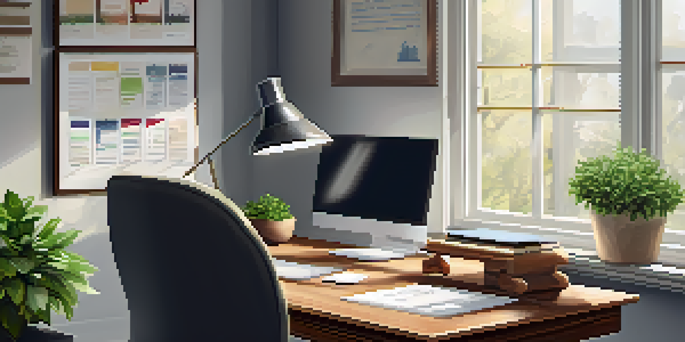 A peaceful office setting with a wooden desk, laptop, financial papers, and a potted plant, illuminated by soft natural light.