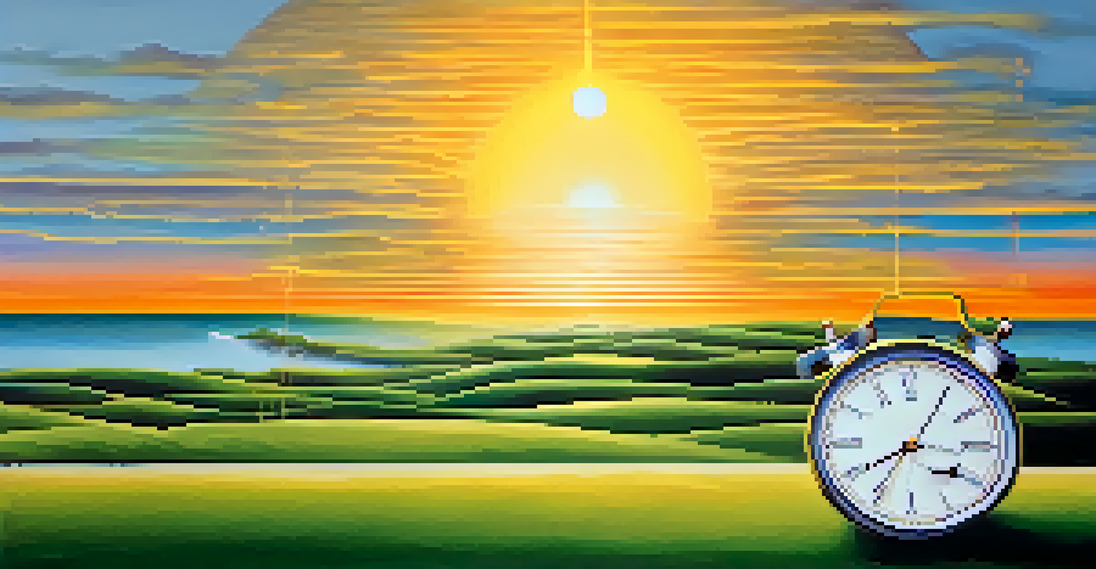 A metaphorical image depicting a sunrise for long-term stock investments and a clock for short-term bond investments.
