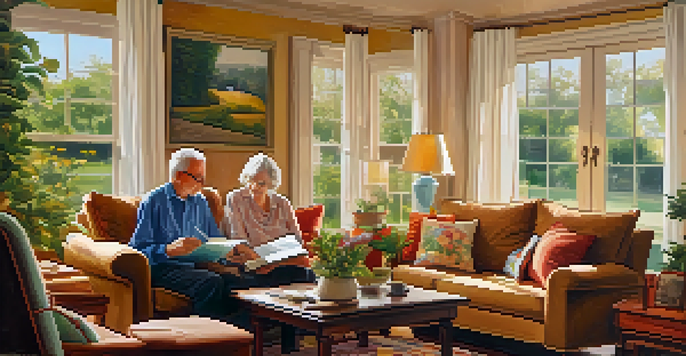 A couple in a cozy living room, reviewing financial plans with a sunny garden visible through the window.