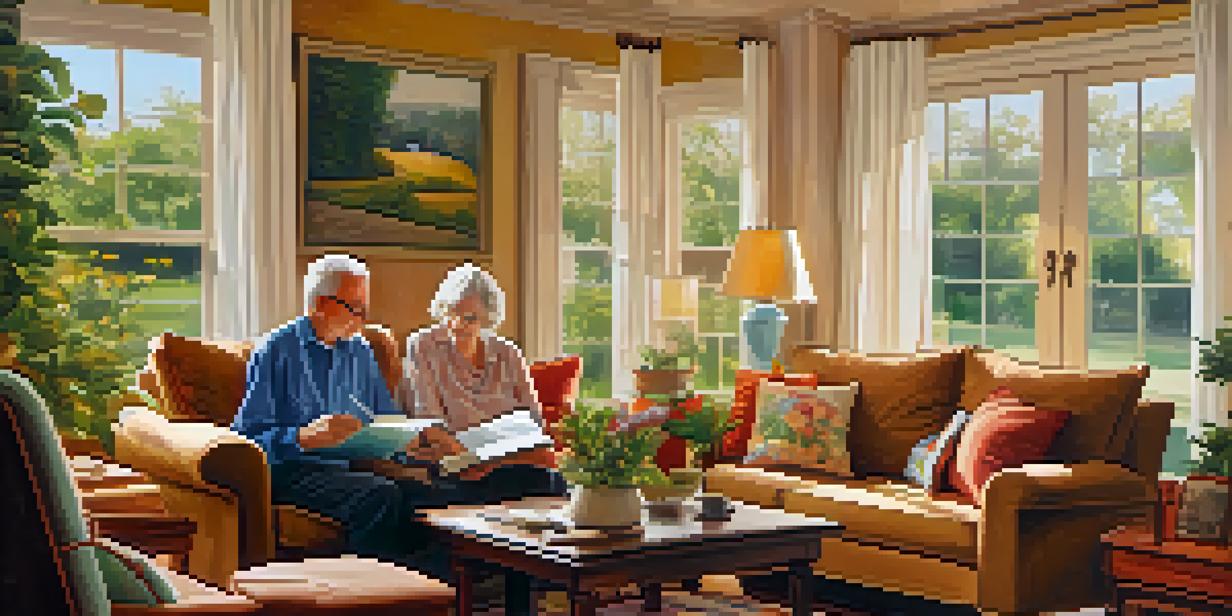 A couple in a cozy living room, reviewing financial plans with a sunny garden visible through the window.