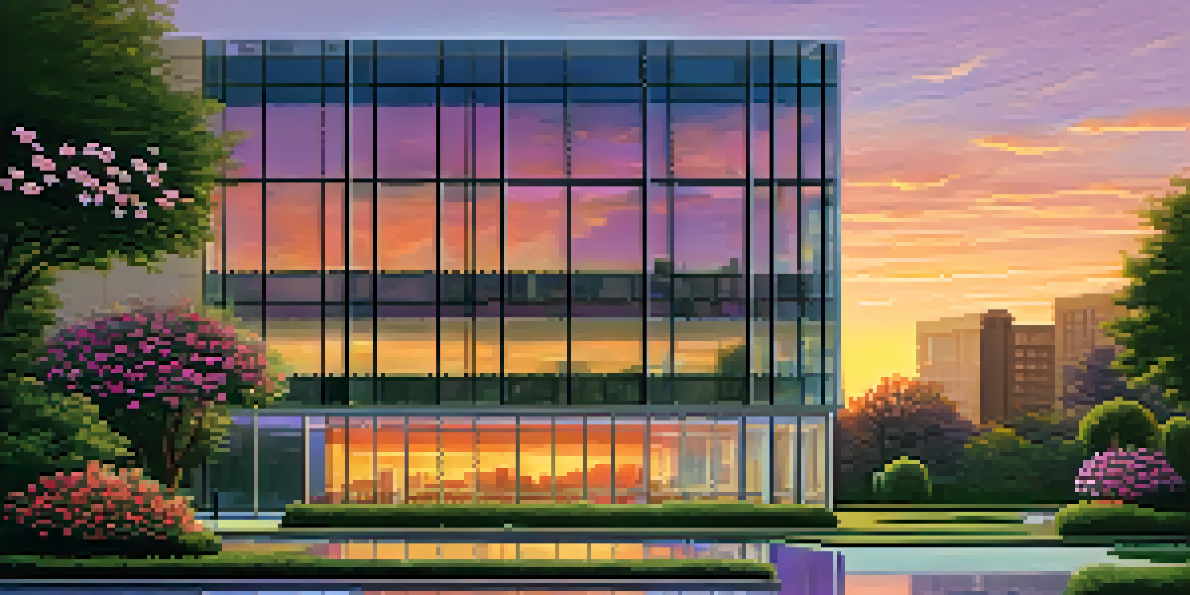 A hedge fund office building with a garden in the foreground and a sunset sky in the background.