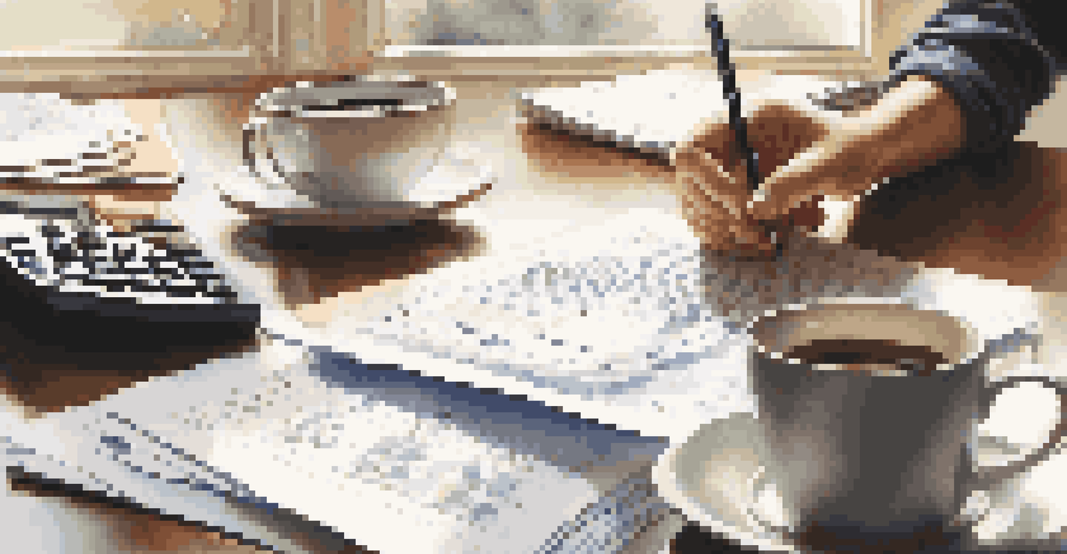 A person reviewing financial documents with coffee and a calculator on a kitchen table.