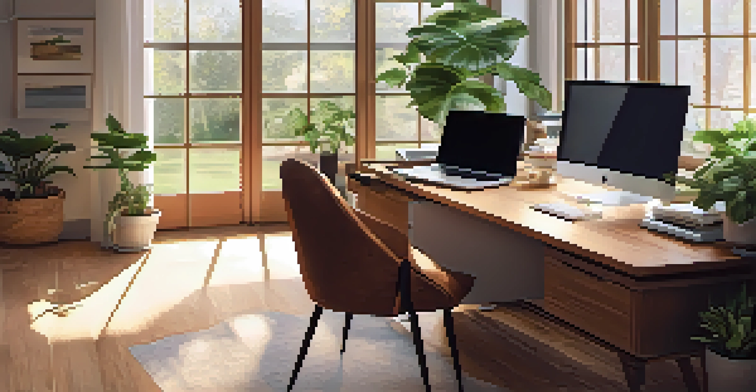 A cozy home office with a wooden desk, laptop, potted plants, and an armchair, bathed in natural light.