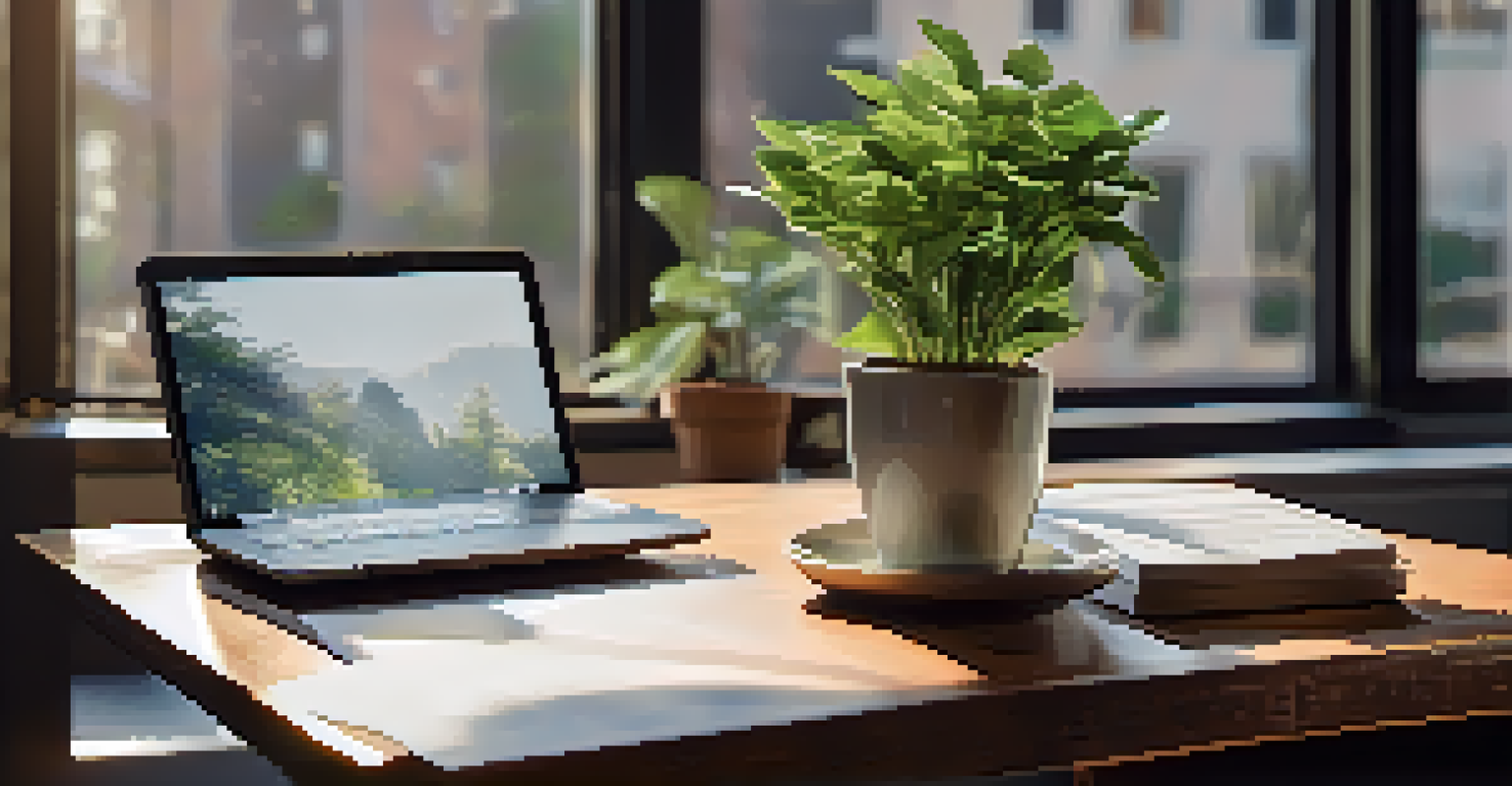 A stylish workspace with a laptop, coffee, and financial books bathed in natural light.