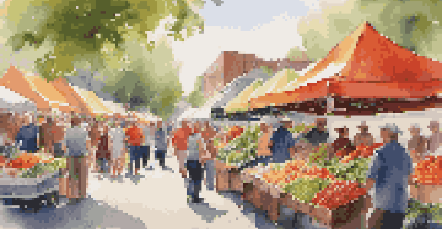A lively farmer's market with colorful produce and happy shoppers under sunlight.