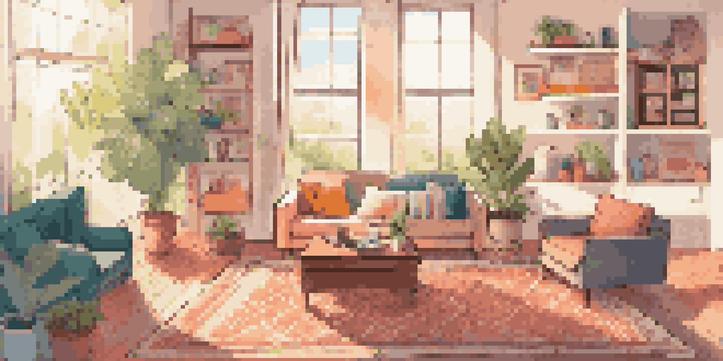 A cozy living room with subscription boxes stacked on a rug, sunlight coming through the window, and a laptop open on a coffee table.