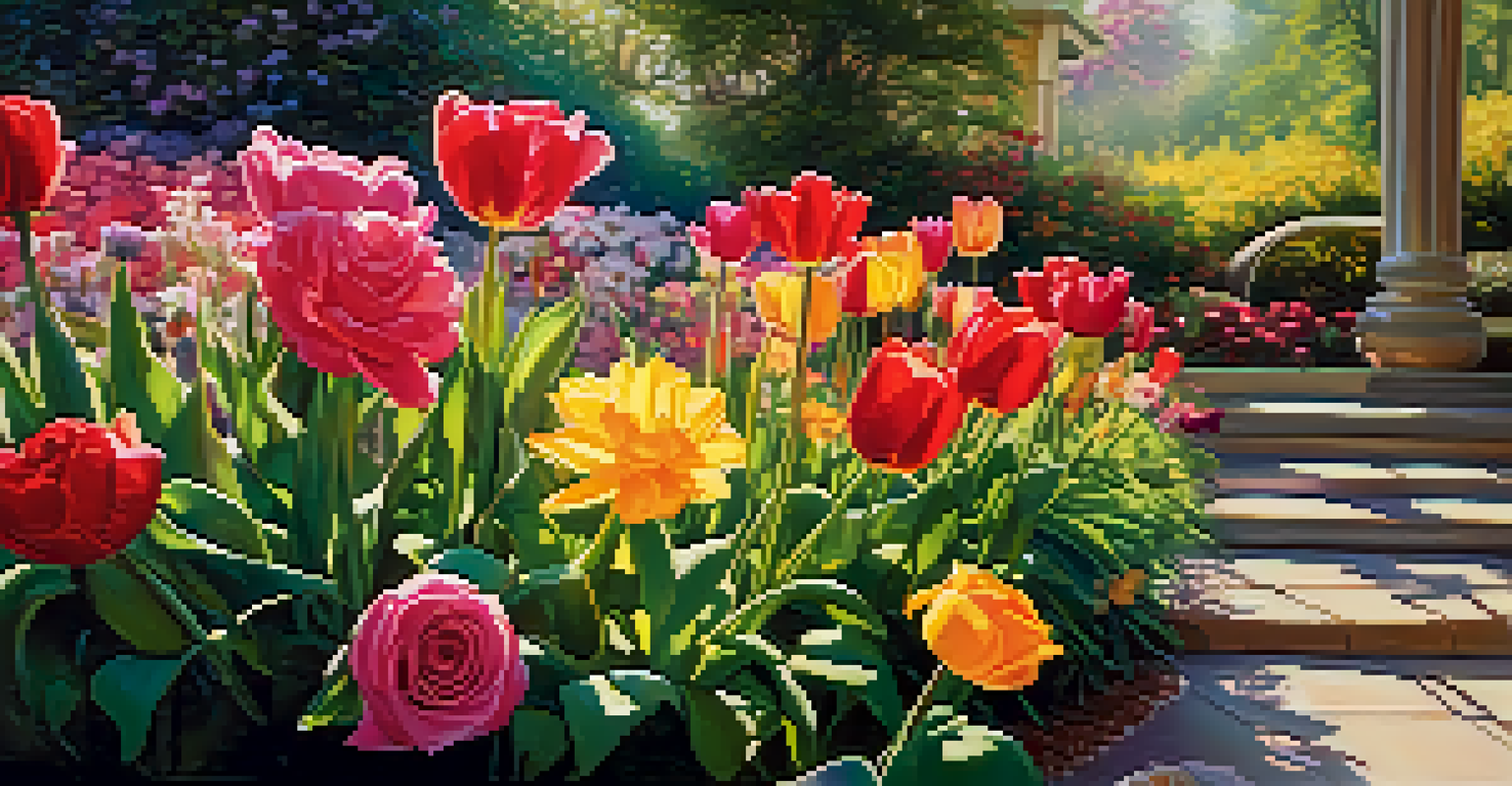 A close-up view of a colorful garden full of blooming flowers in sunlight.