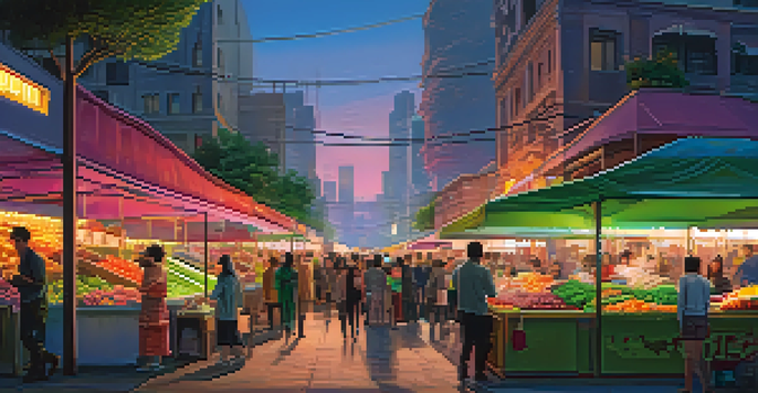 A lively futuristic city skyline at dusk with neon lights and a bustling street market.