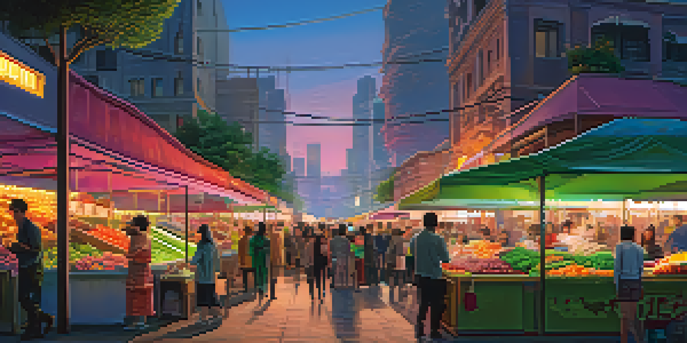 A lively futuristic city skyline at dusk with neon lights and a bustling street market.
