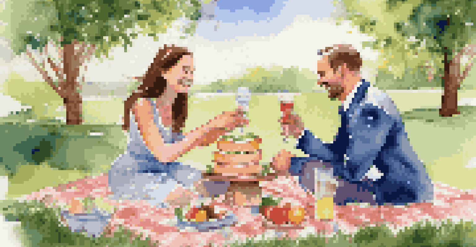A couple celebrating a financial milestone with a picnic in a sunny park.