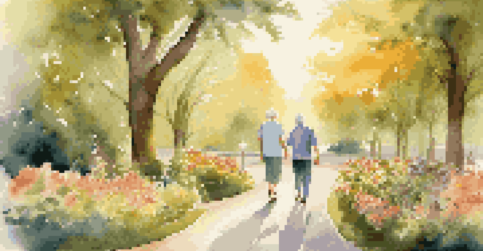 An older couple walking in a park discussing retirement goals, surrounded by green trees and flowers during sunset.