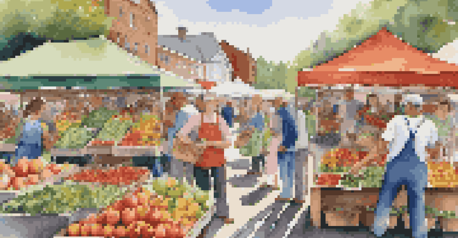 A lively farmer's market with colorful stalls and people shopping for fresh produce.