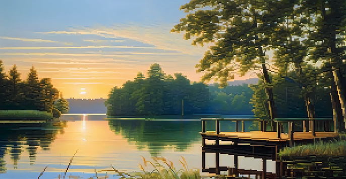 A tranquil lake surrounded by green forests at sunset with a wooden dock.