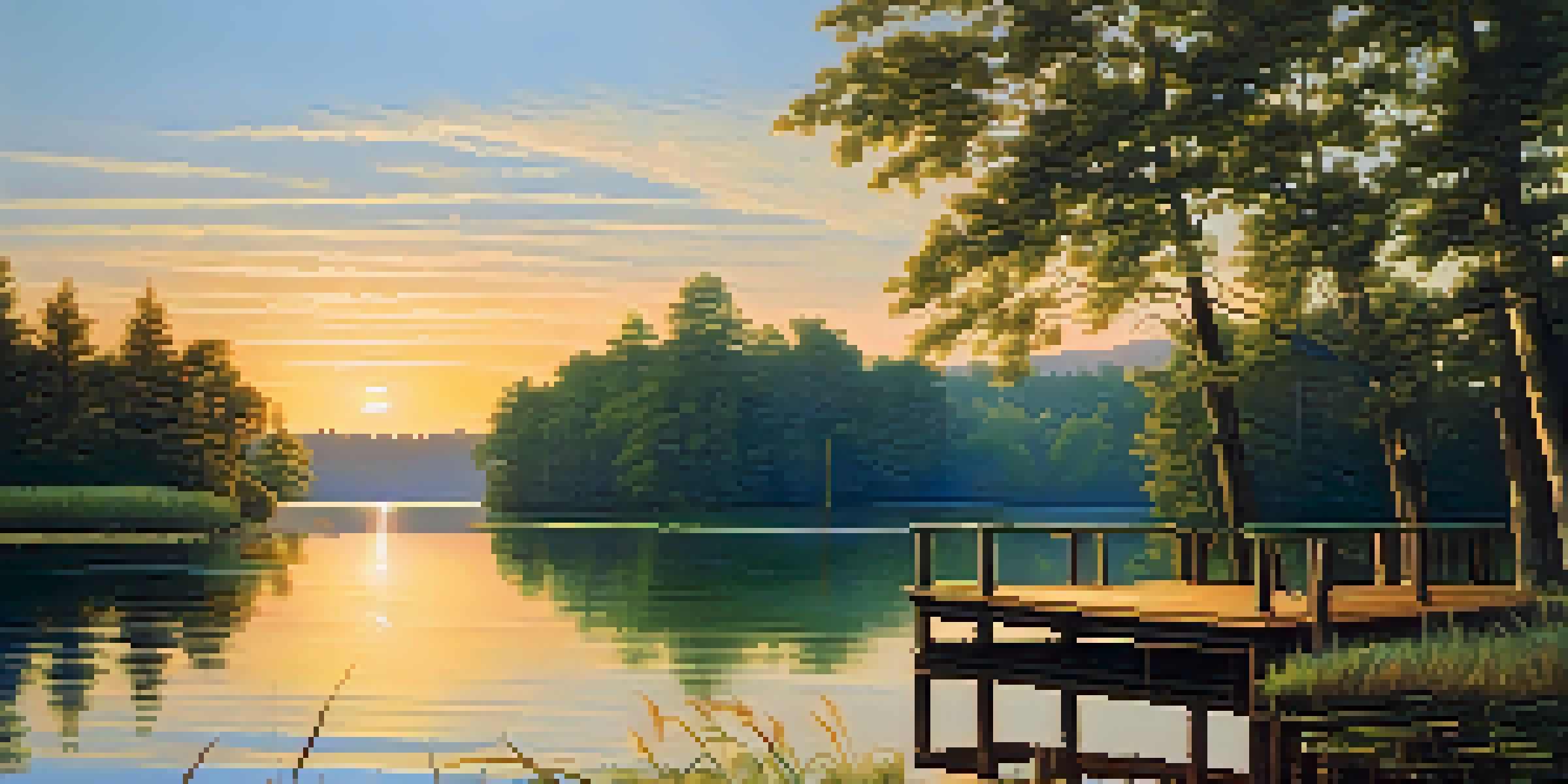 A tranquil lake surrounded by green forests at sunset with a wooden dock.