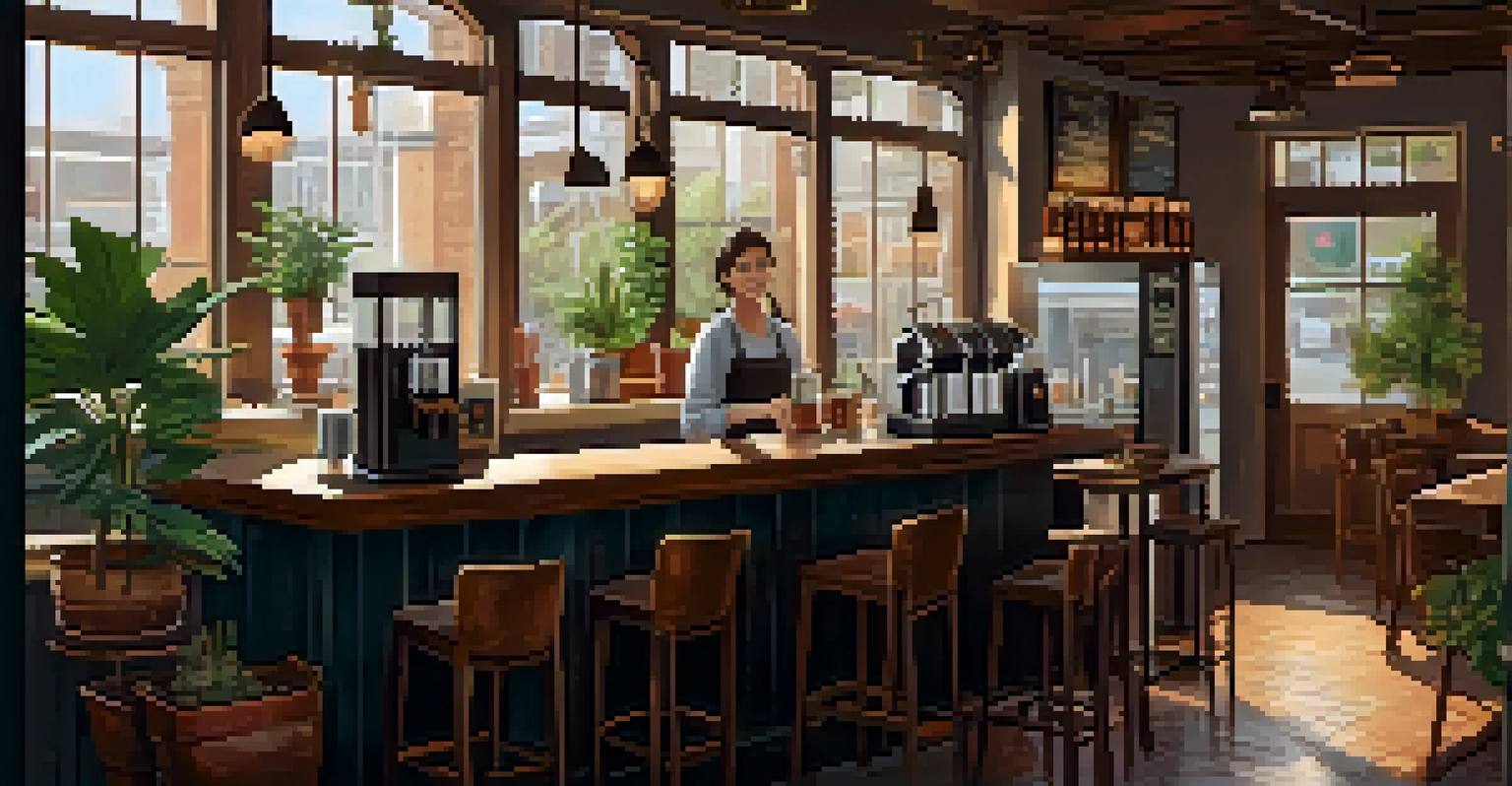 A cozy coffee shop with wooden furniture, warm lighting, and customers enjoying their drinks.