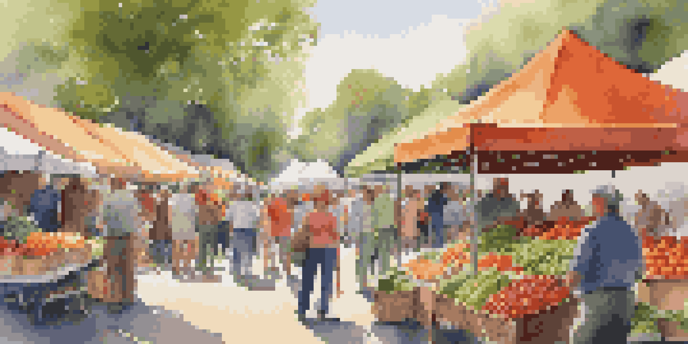 A vibrant farmers market with colorful stalls of fresh fruits and vegetables, shoppers interacting with vendors under a sunny sky.
