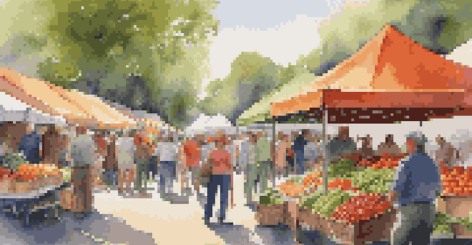 A vibrant farmers market with colorful stalls of fresh fruits and vegetables, shoppers interacting with vendors under a sunny sky.
