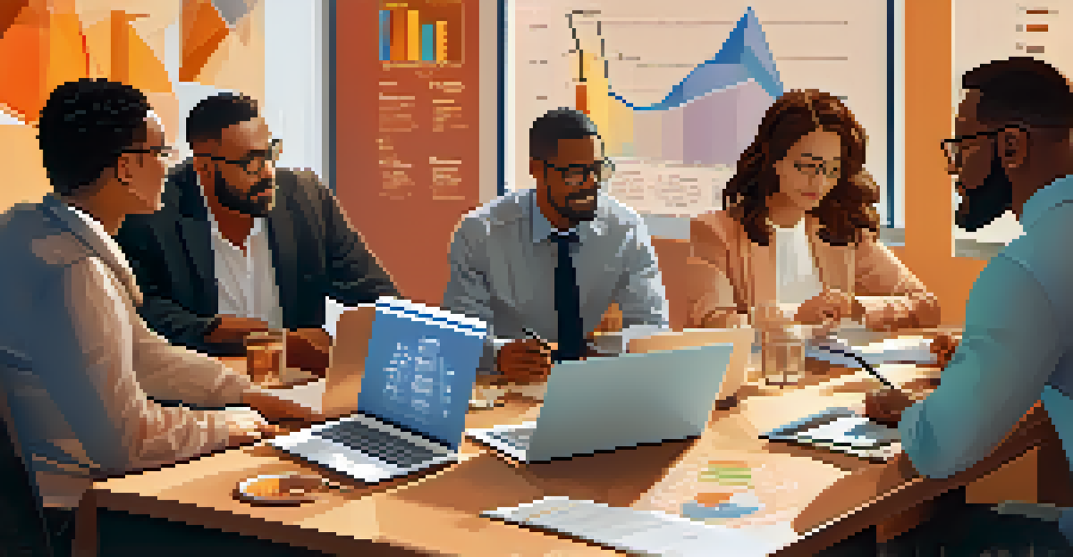 A diverse group of individuals discussing financial planning around a table with laptops showing investment charts in a cozy setting.