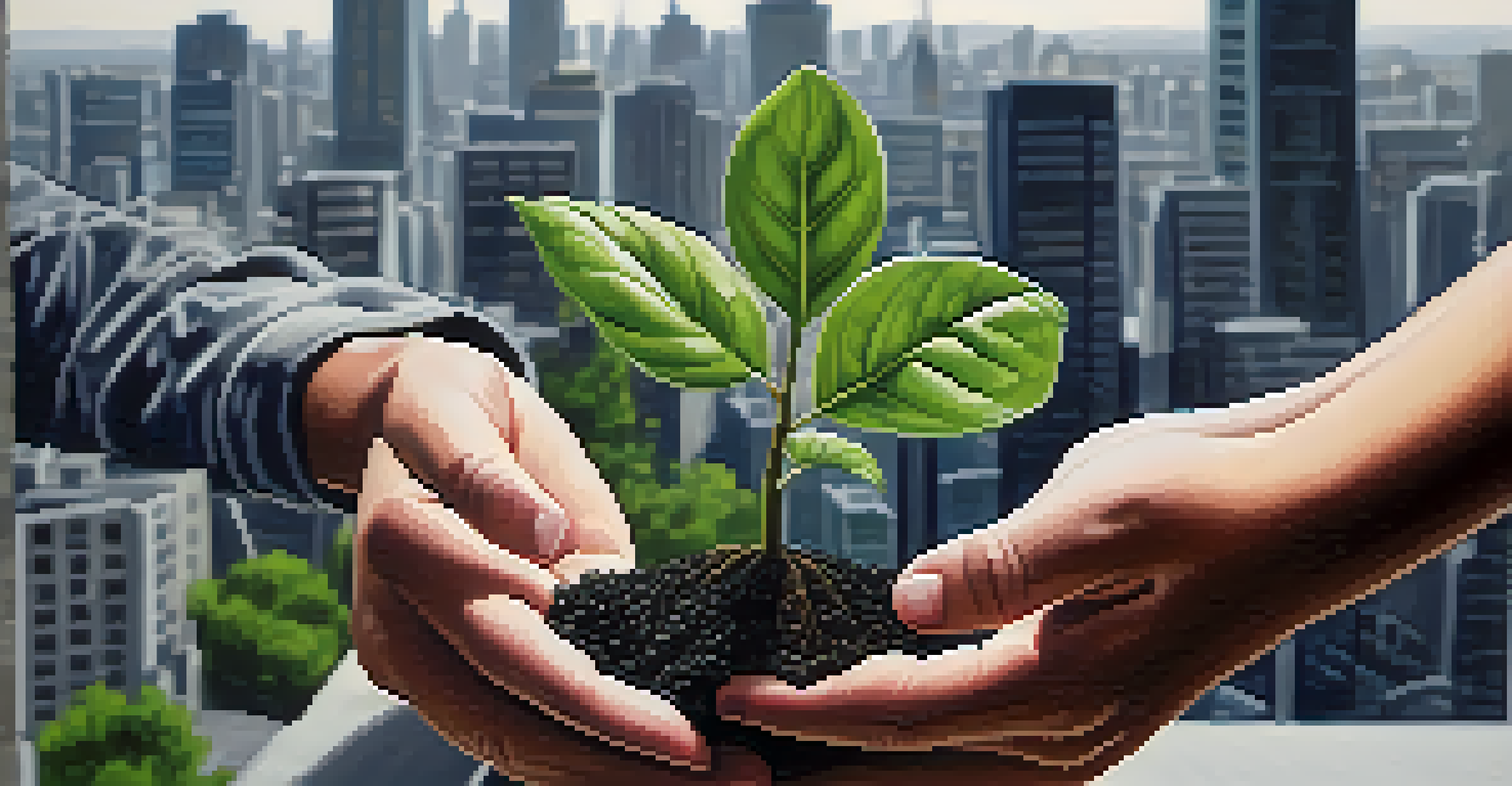 Close-up of hands holding a small sapling in front of a city skyline, emphasizing environmental sustainability.