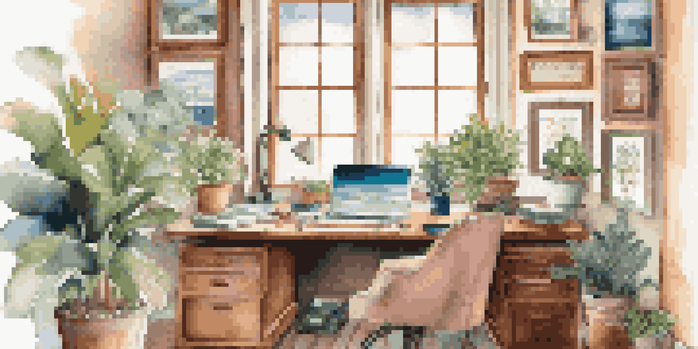 A home office with a wooden desk and a colorful vision board displaying financial goals, with sunlight filtering through the window.