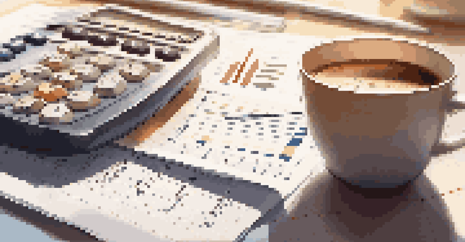A financial report on a desk with a calculator, coffee cup, and notepad, featuring charts and graphs.