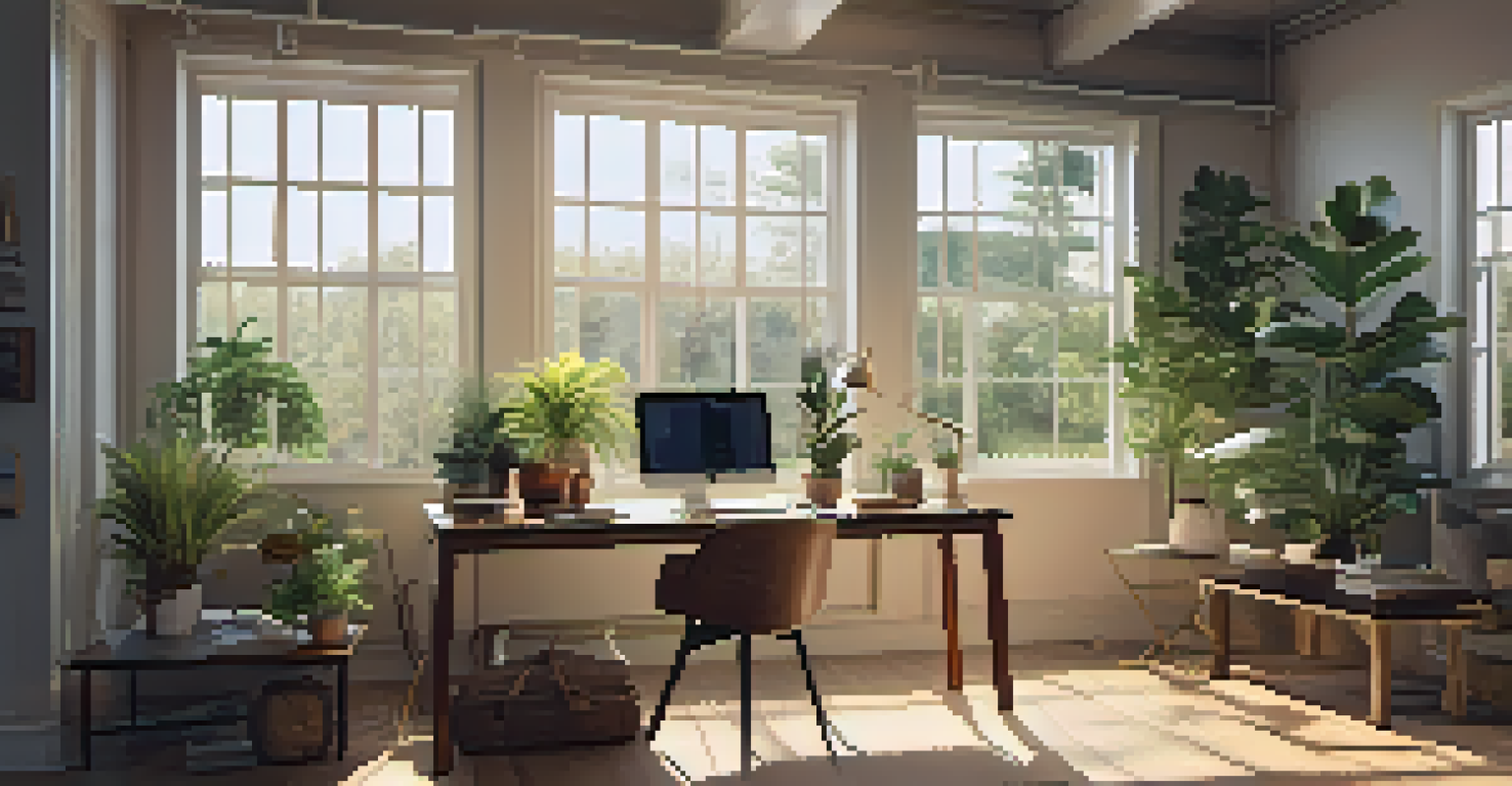 A stylish workspace with a wooden desk, laptop, and coffee cup, surrounded by indoor plants and bathed in natural light.