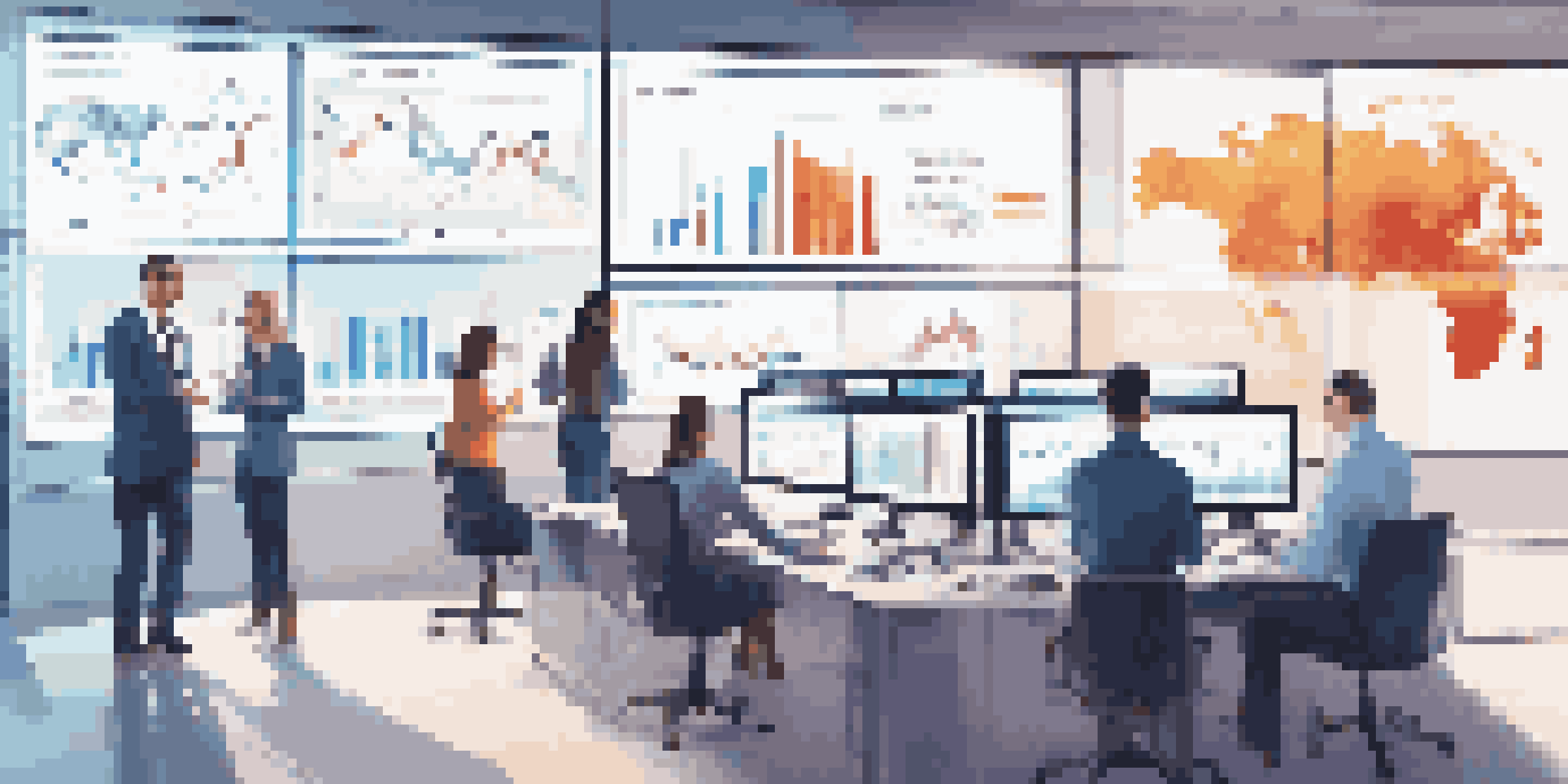 A diverse group of professionals in a bright office examining digital dashboards displaying investment data.