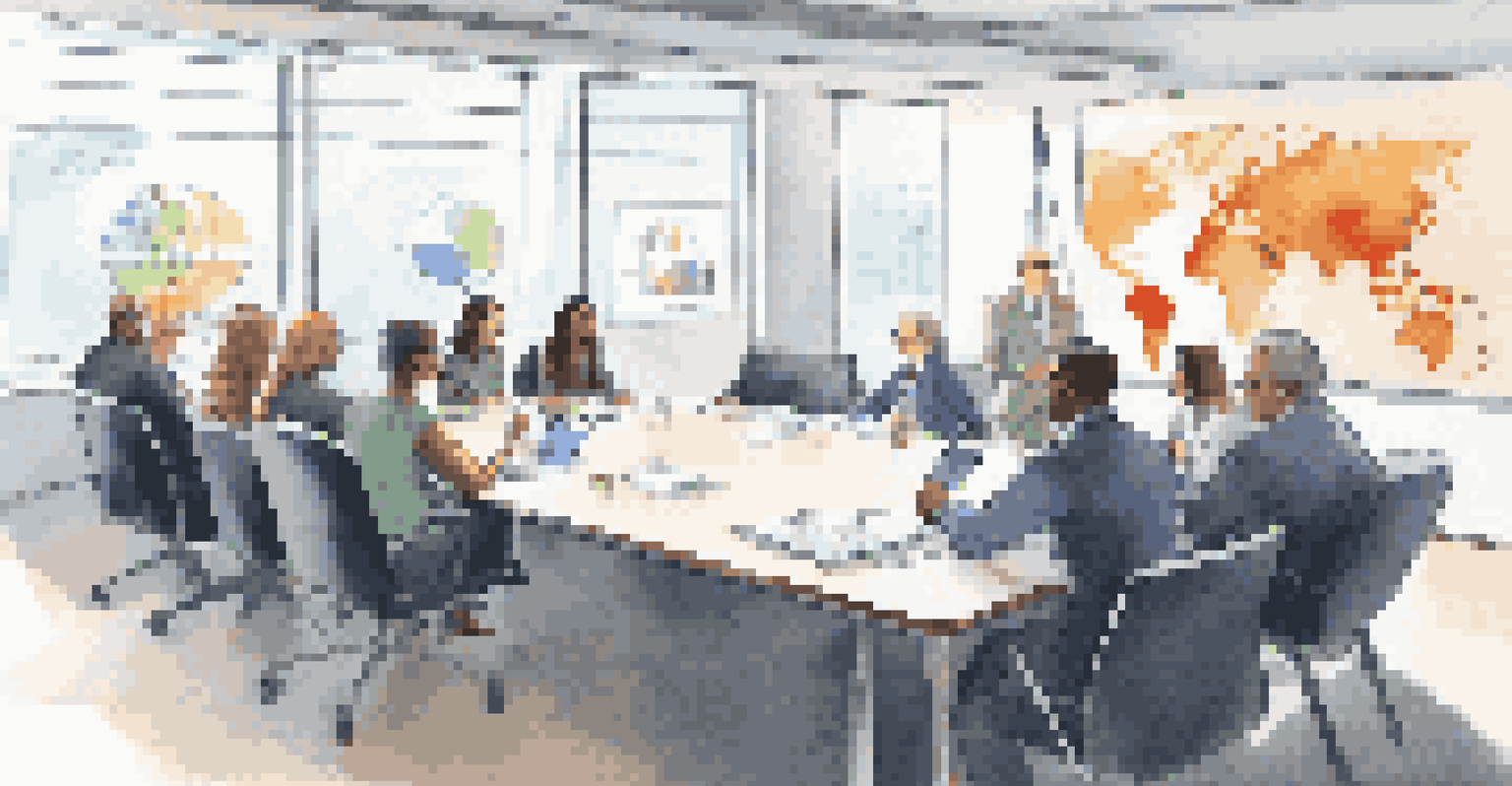 A diverse group of financial professionals discussing climate risks in a bright conference room.