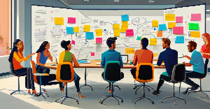 A startup team brainstorming in a modern conference room with a whiteboard full of ideas, colorful sticky notes, and active discussions.
