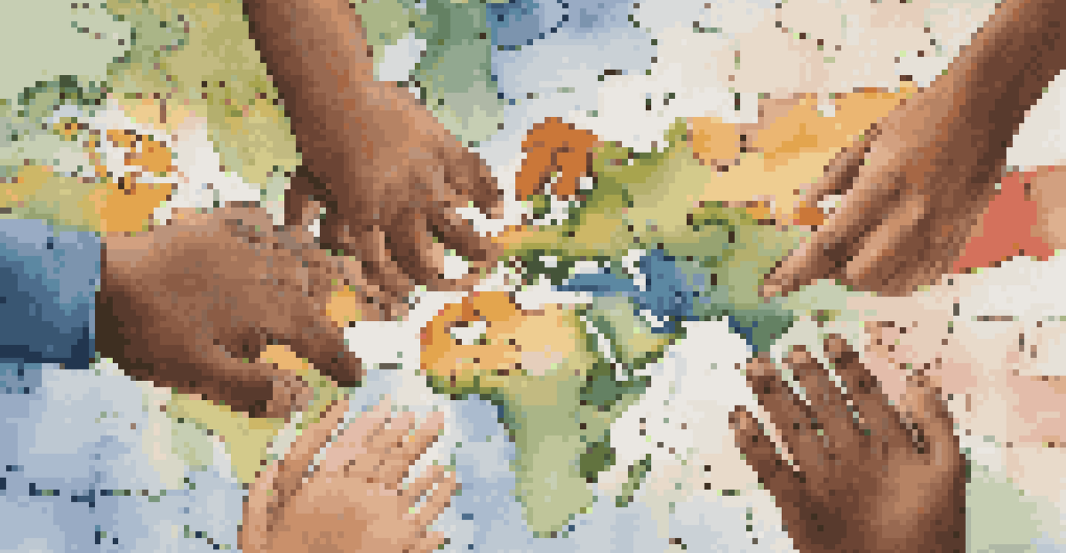 Close-up of diverse hands working together to assemble a world map puzzle, symbolizing unity.