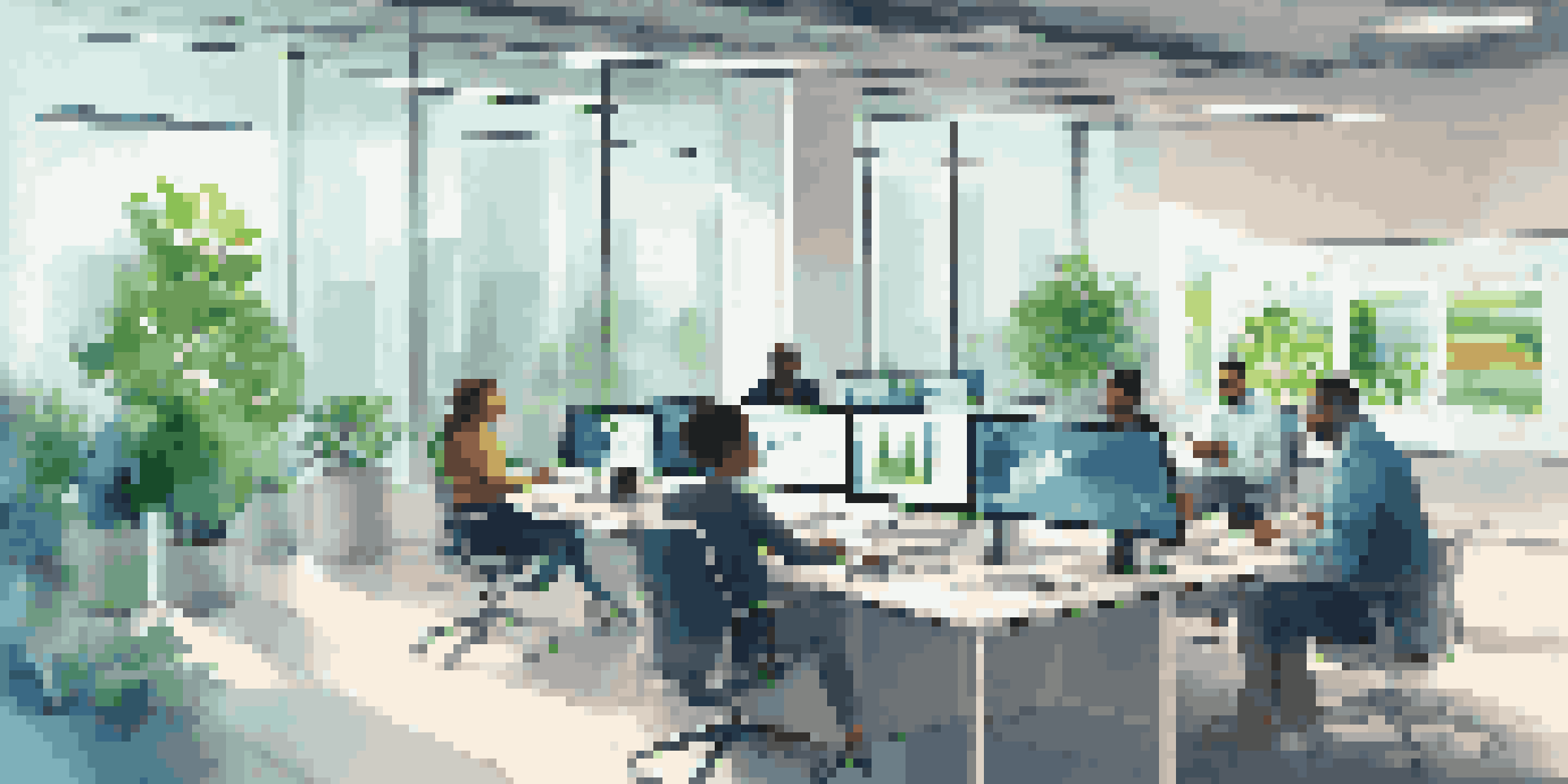 A diverse group of professionals in a bright office space collaborating over data analytics displayed on screens.