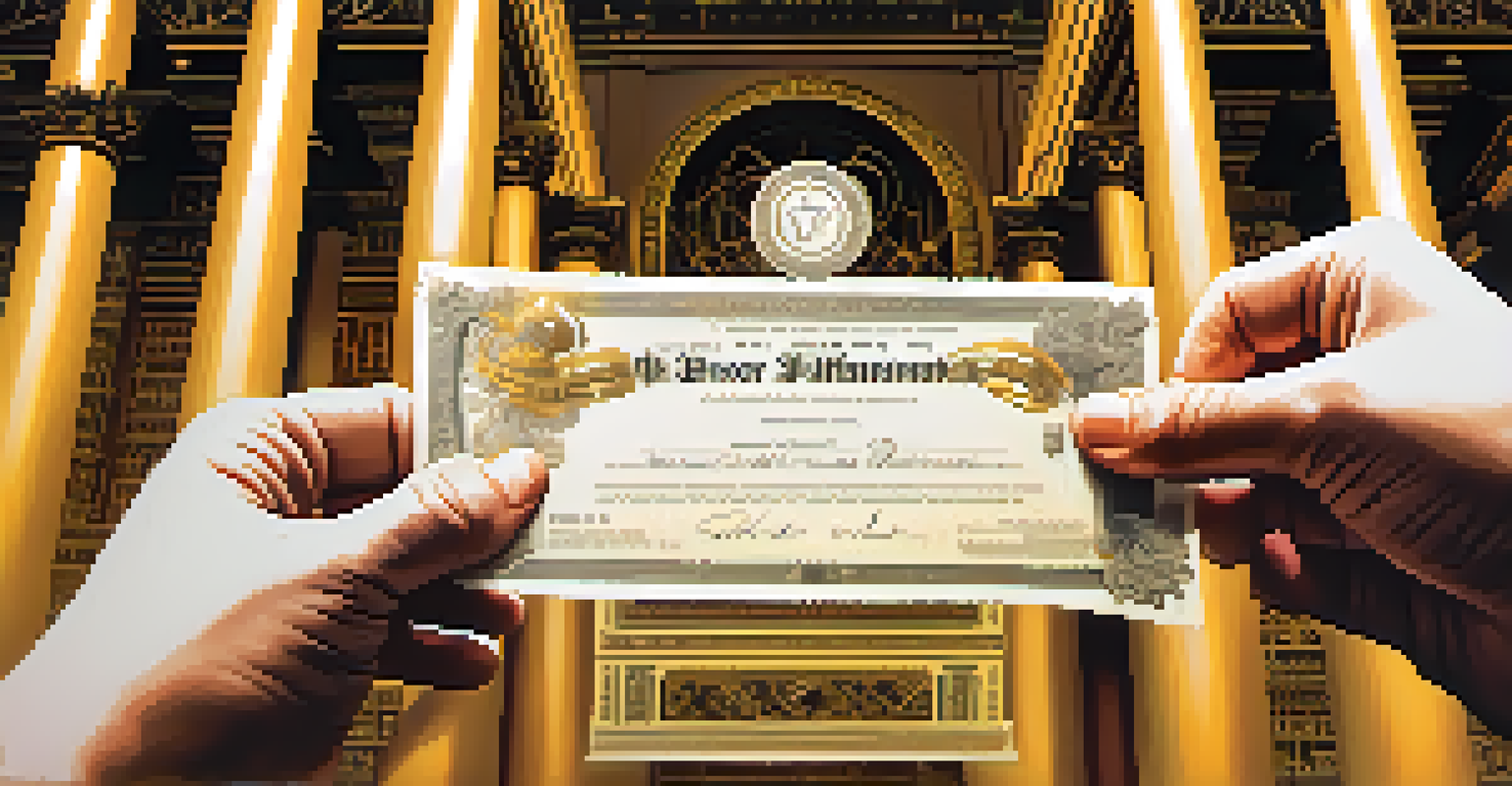 A close-up of a hand holding a golden bond certificate against a blurred stock exchange background.