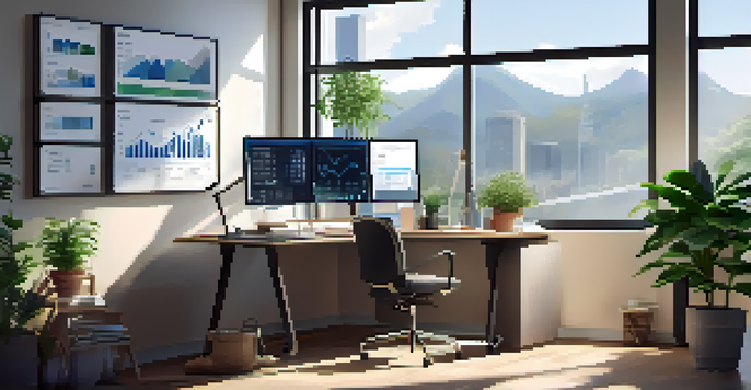 An office with a modern desk and computer showing financial charts, with natural light and a potted plant.