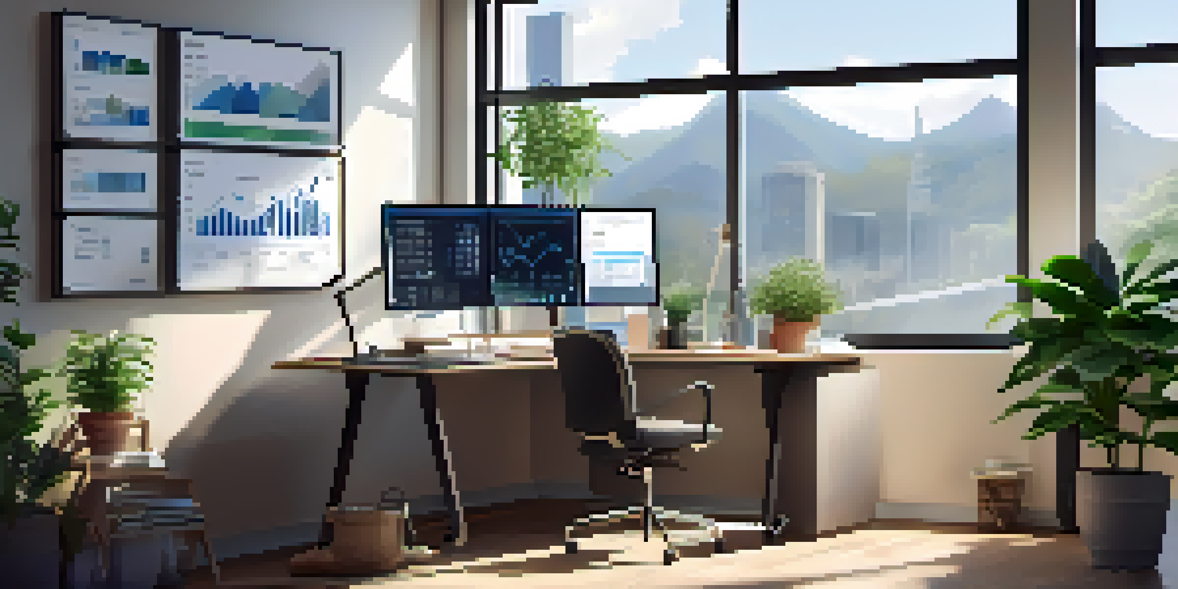 An office with a modern desk and computer showing financial charts, with natural light and a potted plant.