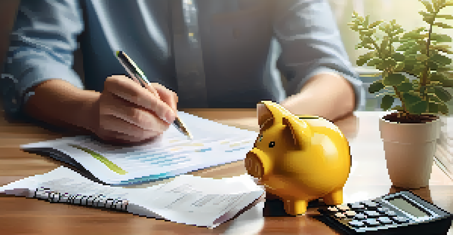 Close-up of hands using a calculator with financial documents and a piggy bank in the background, highlighting retirement savings.
