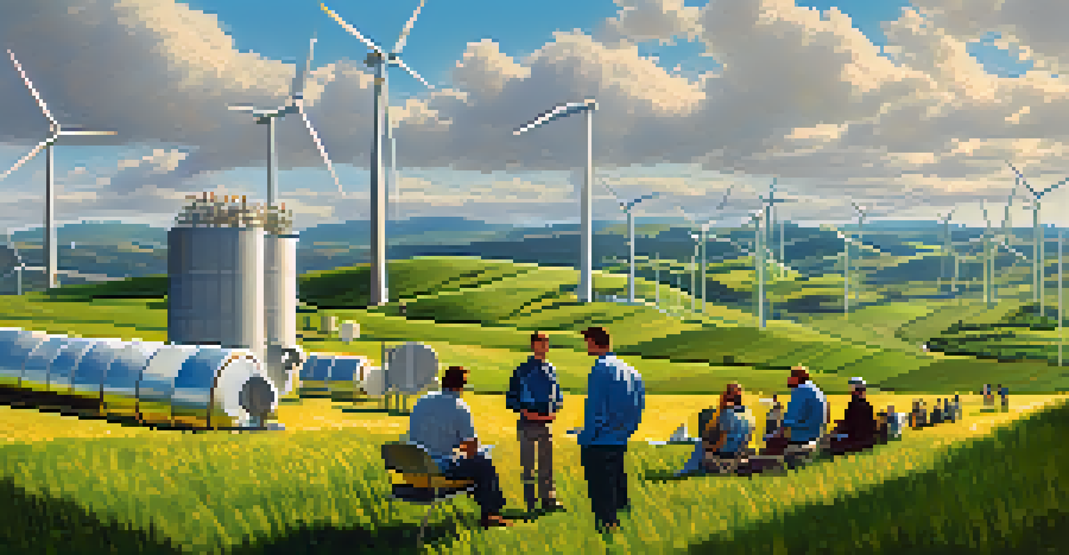 A renewable energy farm with wind turbines and solar panels, featuring engineers discussing projects in a lush green landscape under a blue sky.