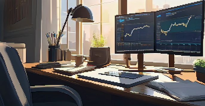 A modern trading desk with a computer showing stock market charts, a notepad, and a cup of coffee illuminated by morning light.