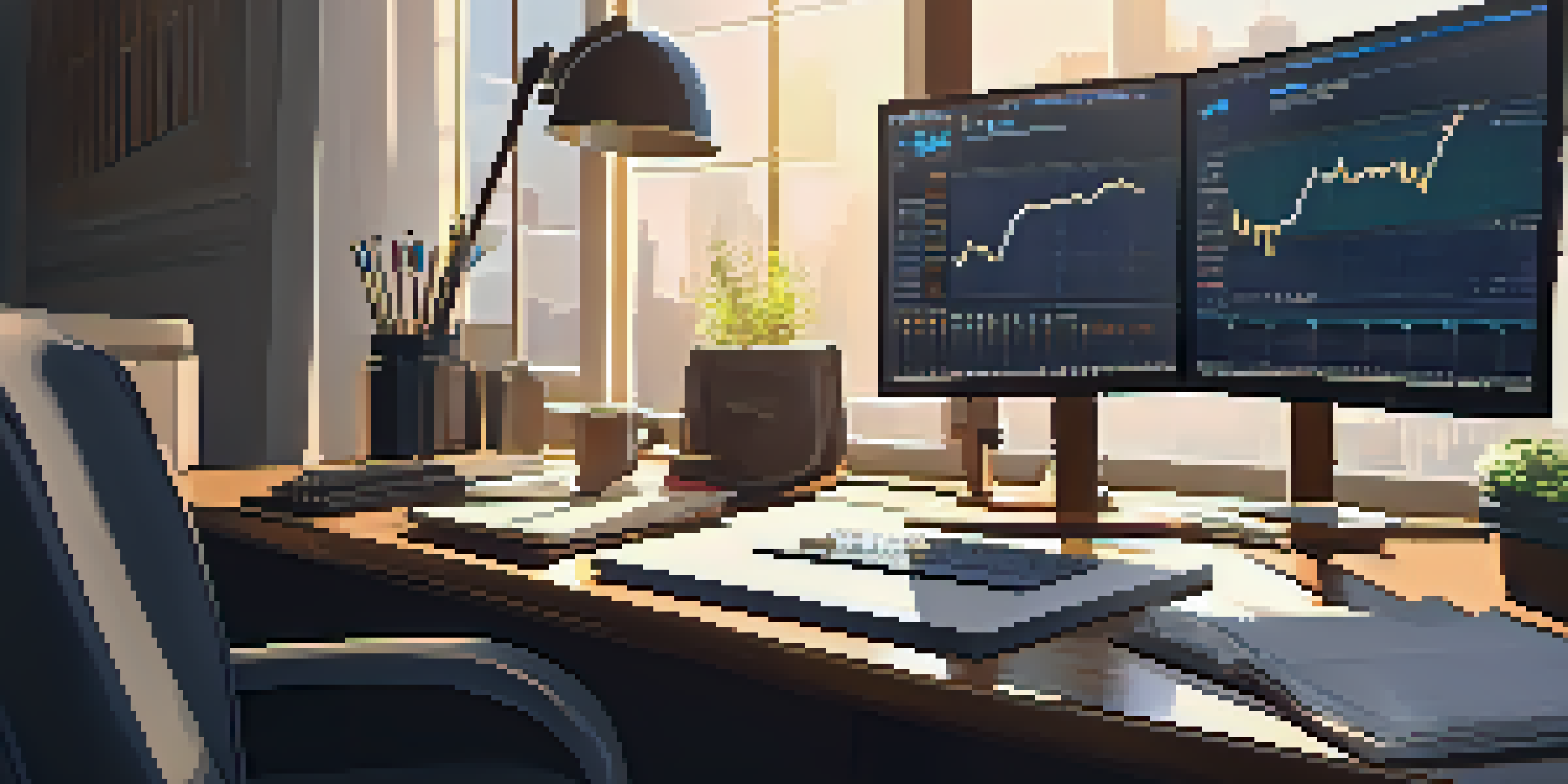 A modern trading desk with a computer showing stock market charts, a notepad, and a cup of coffee illuminated by morning light.