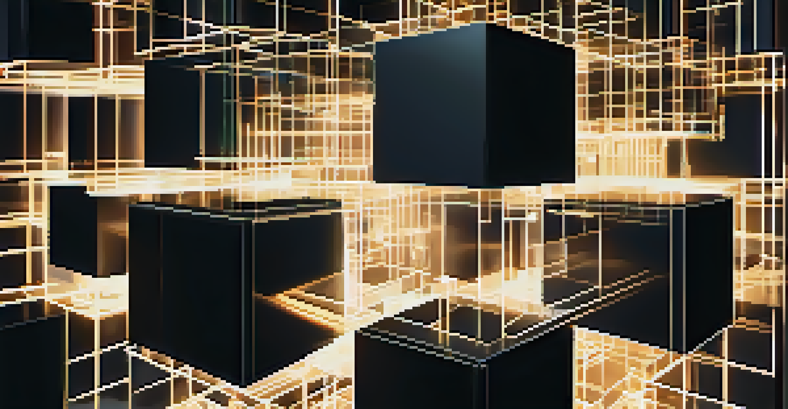An abstract 3D representation of interconnected glowing blocks symbolizing blockchain technology.