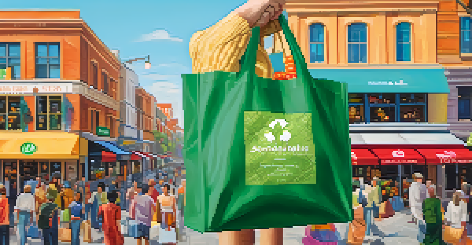 A close-up of a hand holding a reusable shopping bag with logos of responsible brands in a lively market.