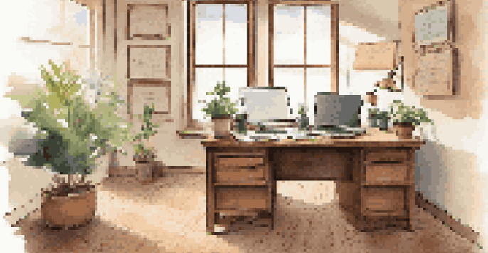 A well-lit office with a wooden desk, laptop showing cash flow data, and a potted plant, creating a calm working atmosphere.